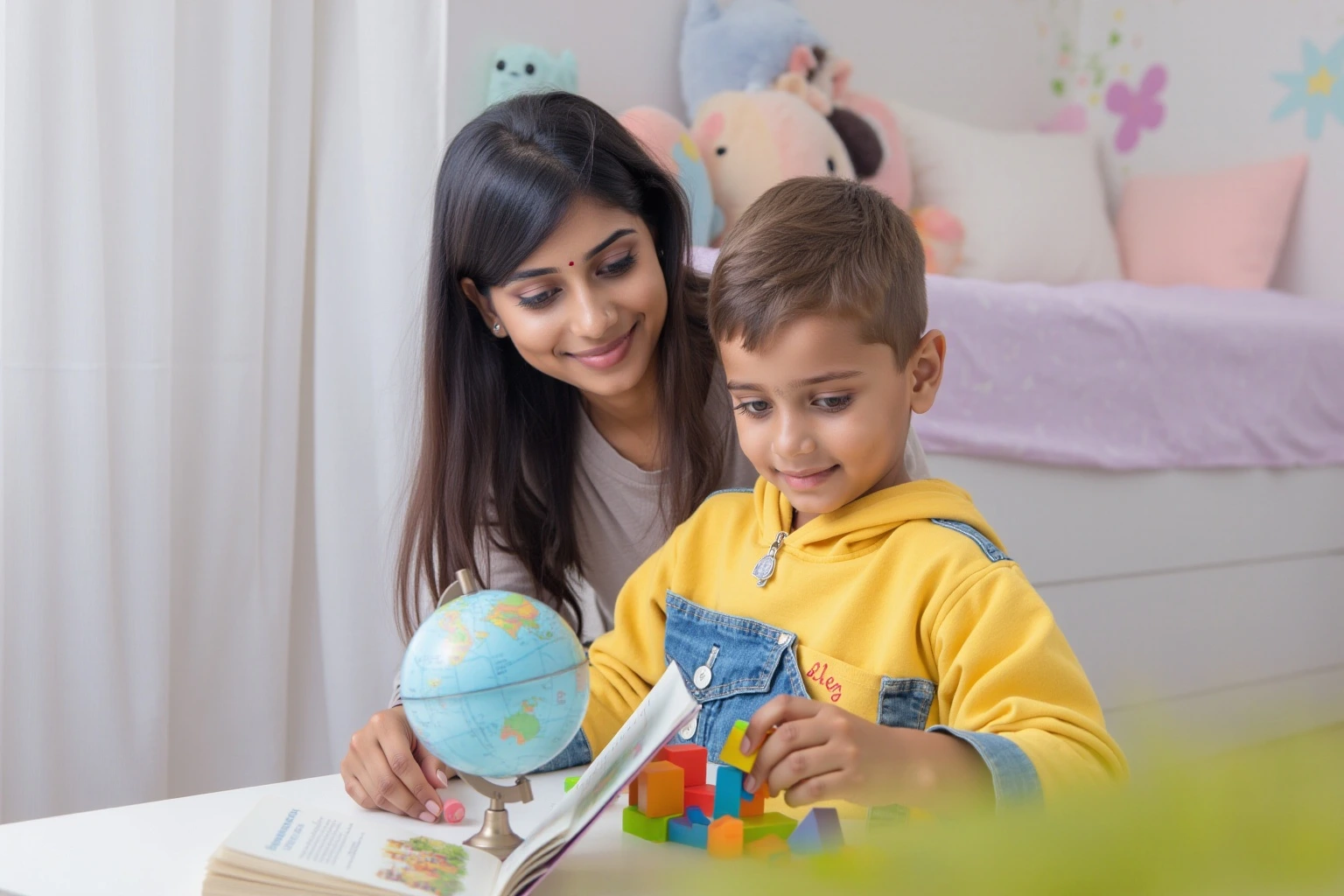 Teacher guiding a child in Montessori learning with hands-on activities and a globe.