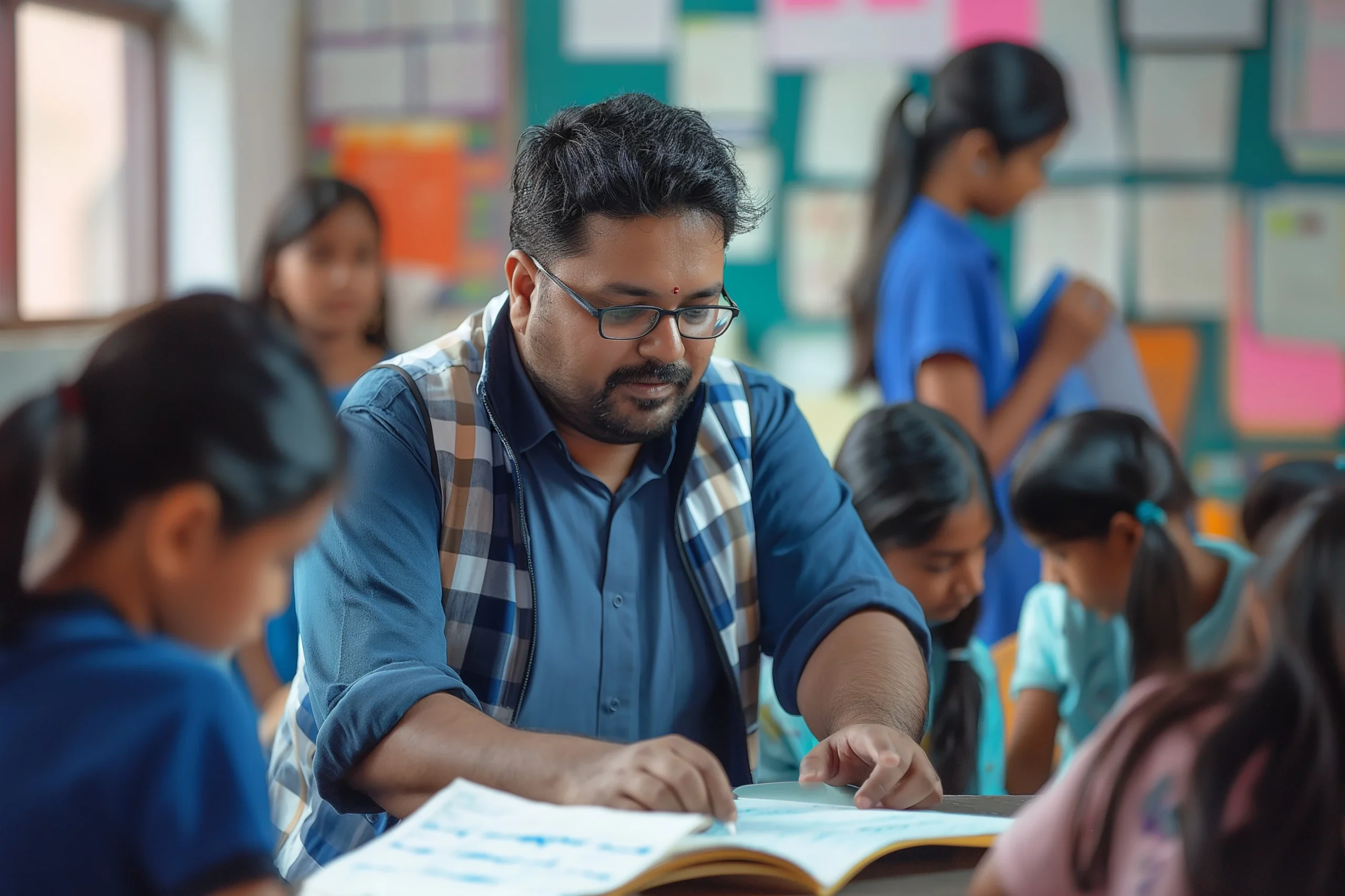 Teacher with students in a pre primary teacher training course.