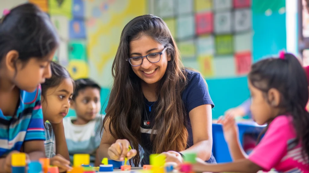 Preschool teacher interacting with young children in a classroom