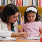 Teacher guiding a child during phonics training for preschool teachers online.