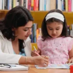 Teacher guiding a child during an early childhood teacher course activity in a classroom learning environment.