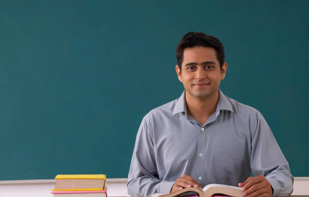Teacher teaching in a classroom with an open textbook