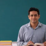 Teacher teaching in a classroom with an open textbook
